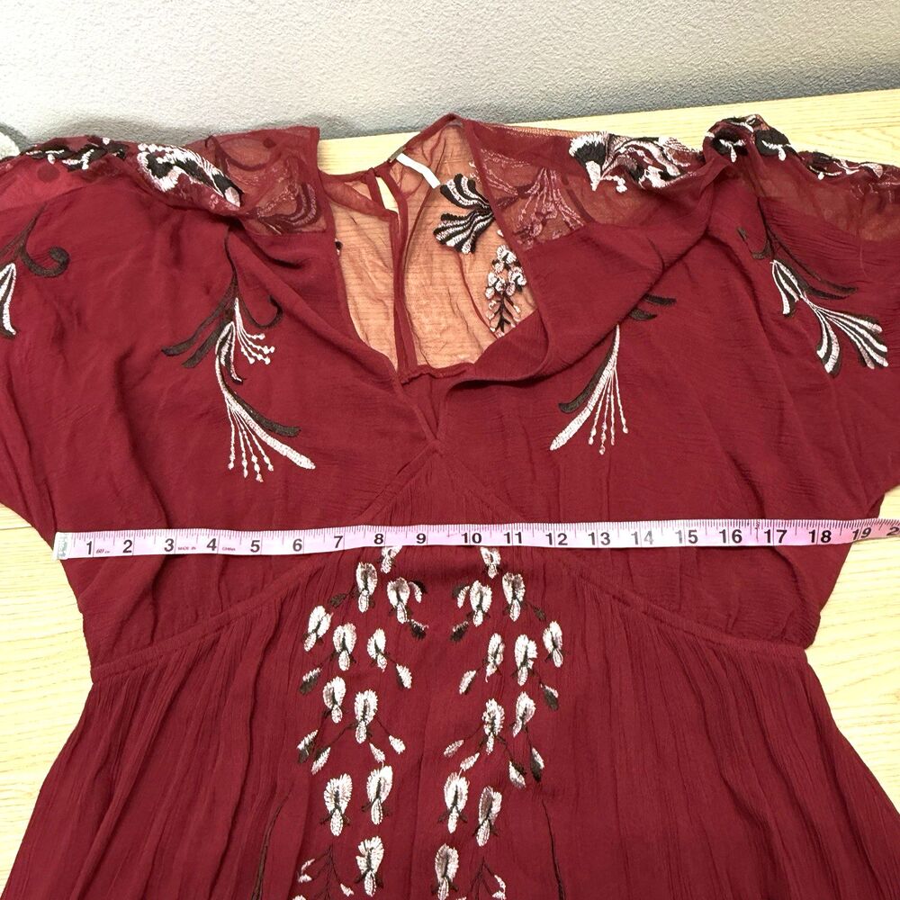 Free People Bonjour Mini Dress Size L Red Embroidered Floral Ballon Flowy Boho - Picture 12 of 15